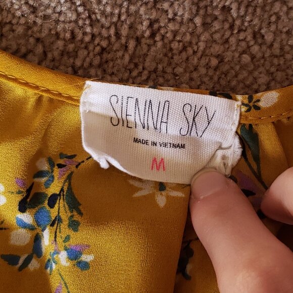 Faux Tunic Tie Flowy Short Sleeve Blouse Mustard Yellow Floral - Picture 6 of 6